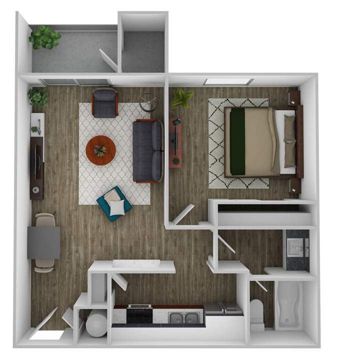 Floor plan for 1 bed, 1 bath, 615 sqft